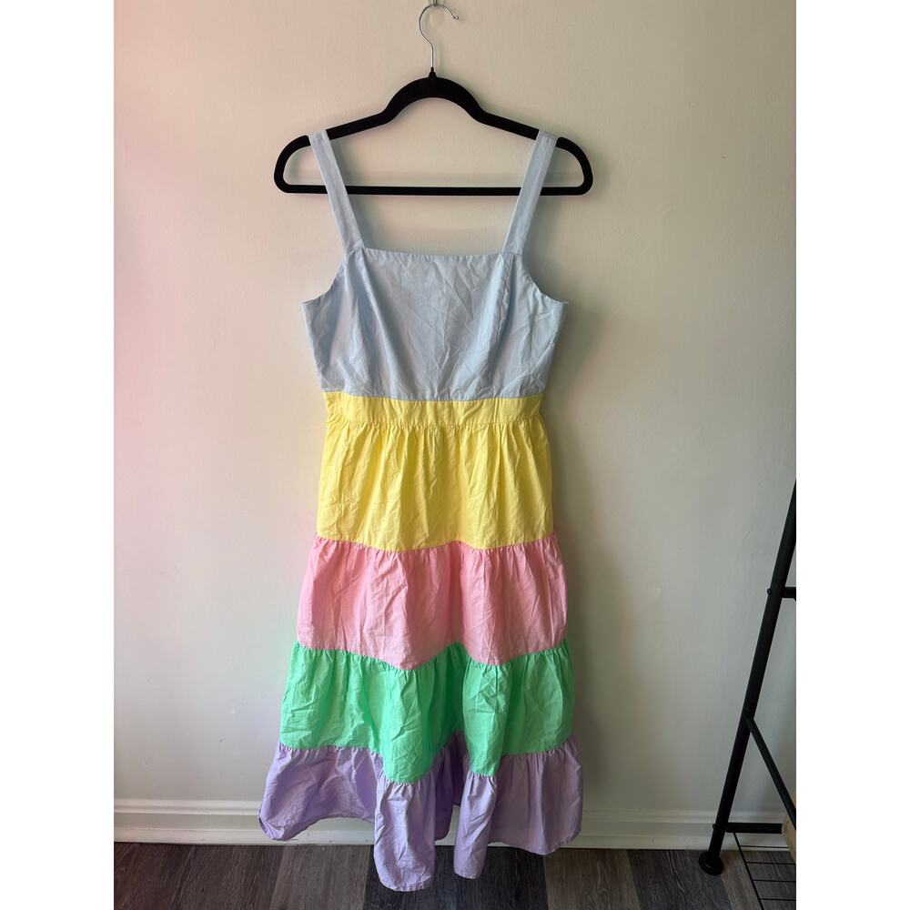 English Factory Pastel Colorblock Tiered Midi Dress Size S Spring Cottagecore - Picture 2 of 4